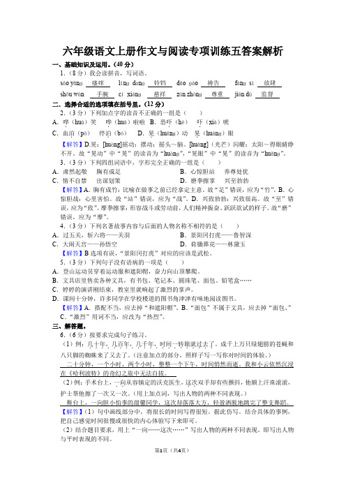 六年级语文上册作文与阅读专项训练五参考答案与试题解析