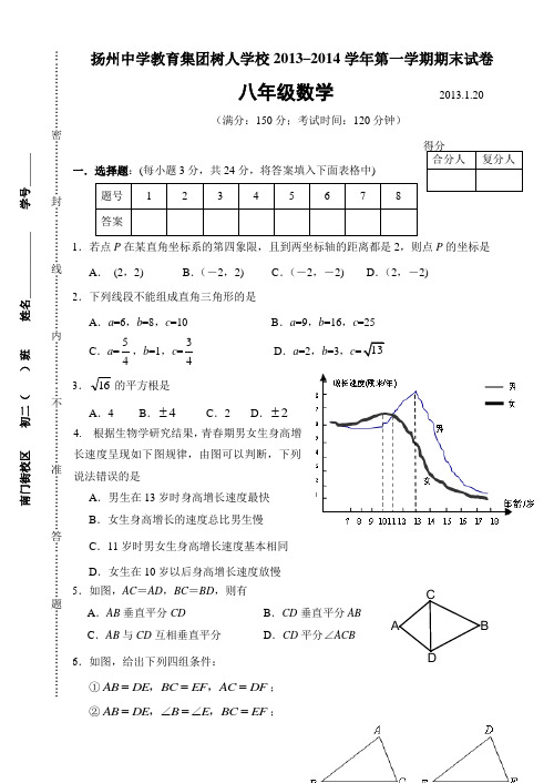 扬州中学教育集团树人学校2013–2014学年八年级(上)期末考试数学试题(含答案)