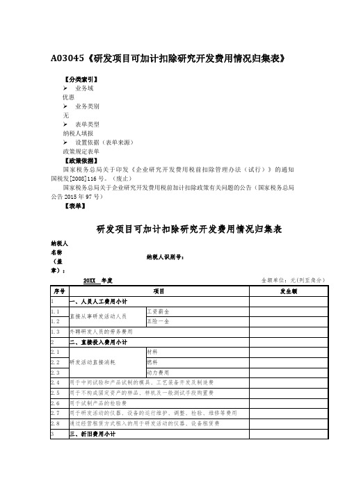A03045研发项目可加计扣除研究开发费用情况归集表