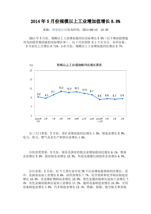 2014年5月份规模以上工业增加值增长8.8%