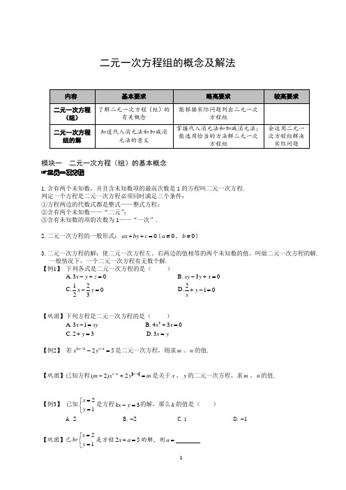 【精品讲义】人教版 七年级下册寒假同步课程(培优版)6二元一次方程组的概念及解法.学生版