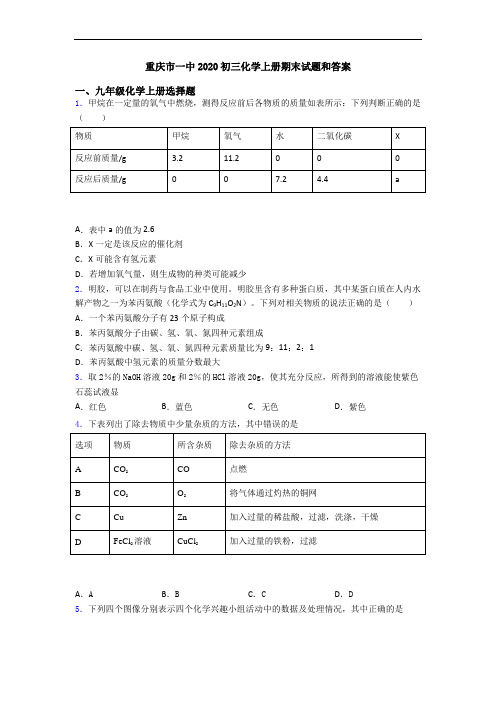 重庆市一中2020初三化学初三化学上册期末试题和答案