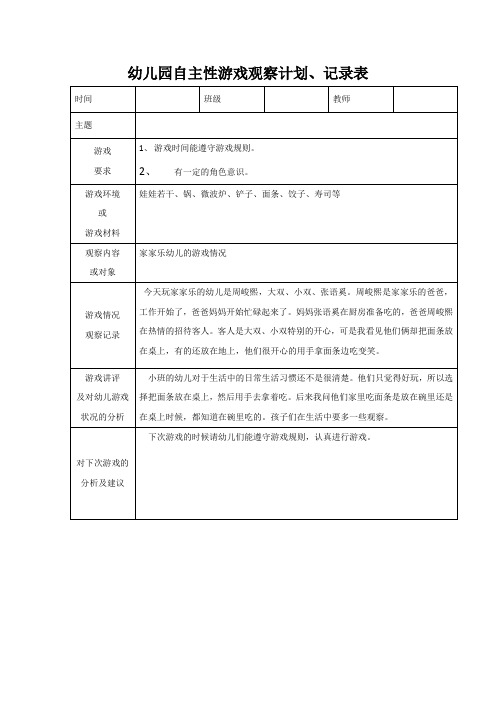 幼儿园自主性游戏观察计划、记录表