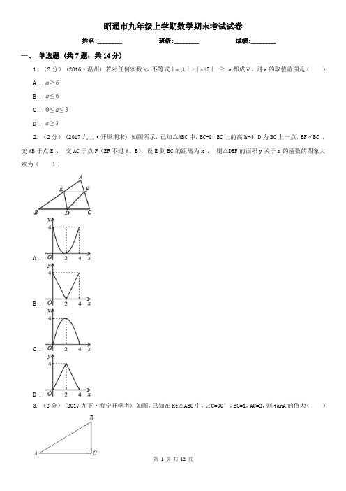 昭通市九年级上学期数学期末考试试卷