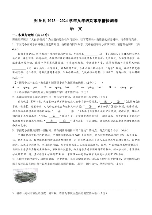 河南省新乡市封丘县2023-2024学年九年级上学期期末语文试题