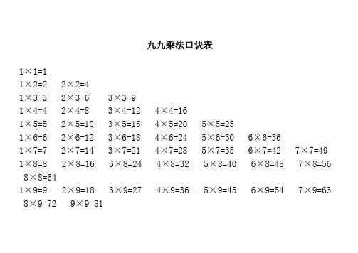 九九乘法口诀表(清晰打印版)