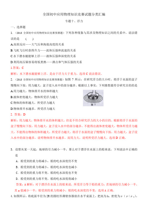 近十年全国初中应用物理知识竞赛试题分类汇编专题十浮力