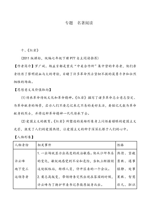 2020中考语文专题复习-名著导读之内容梳理、人物形象分析《红岩》