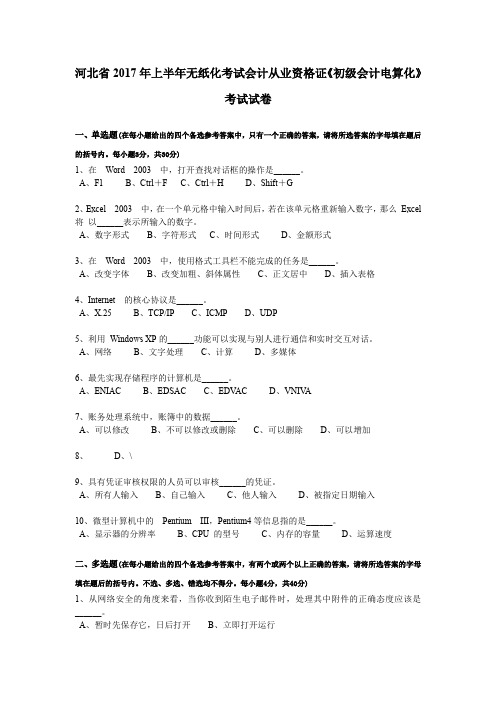 河北省2017年上半年无纸化考试会计从业资格证《初级会计电算化》考试试卷