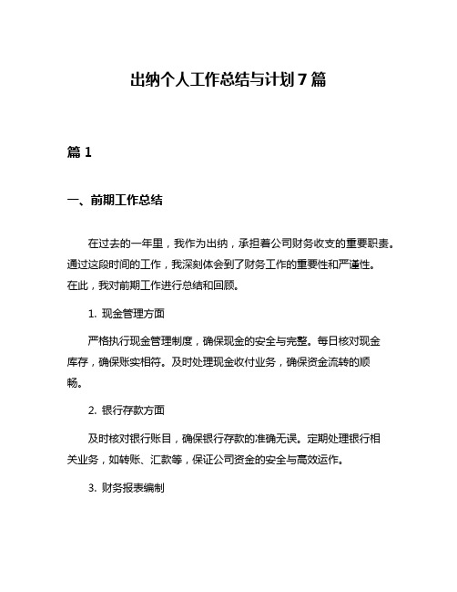 出纳个人工作总结与计划7篇