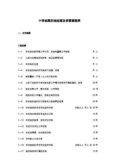 小学档案归档范围及保管期限表