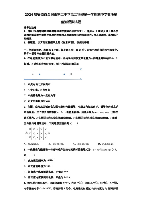 2024届安徽省合肥市第二中学高二物理第一学期期中学业质量监测模拟试题含解析