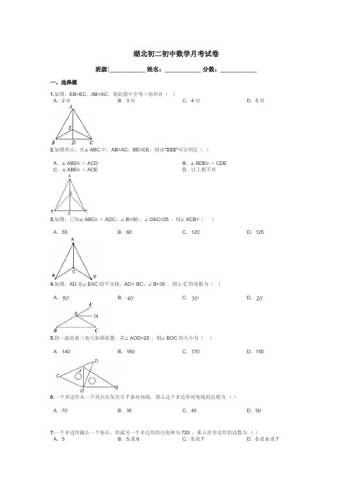 湖北初二初中数学月考试卷带答案解析
