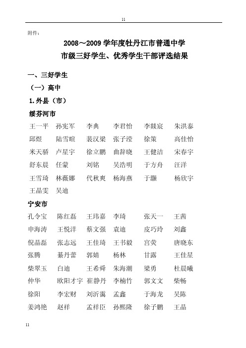 20082009学年度牡丹江市普通中市级三好、优秀学生干部评选结果