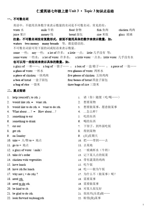 仁爱英语七年级上册Unit3topic3 知识点总结