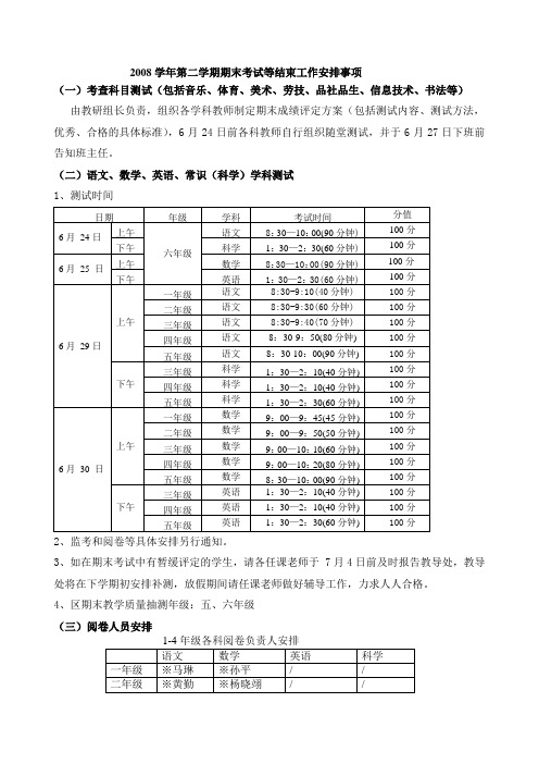 2008学年第二学期期末考试等结束工作安排事项