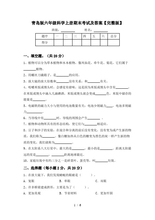 青岛版六年级科学上册期末考试及答案【完整版】