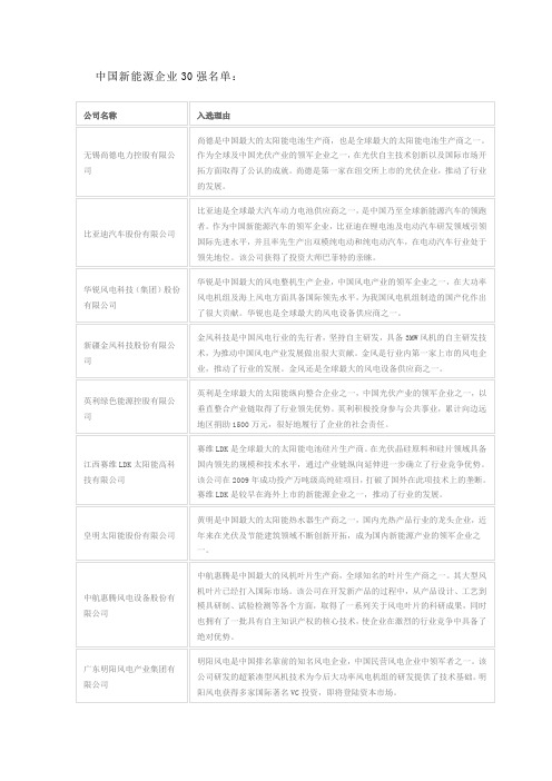 中国新能源企业30强名单