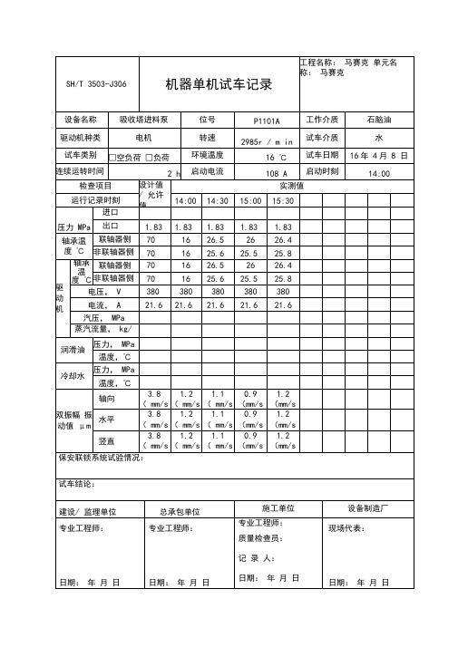 SHT3503-J306机器单试记录(机泵、完整填写版)