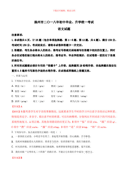 2018年江苏省扬州市中考语文试题(word版,含答案解析)(精品文档)
