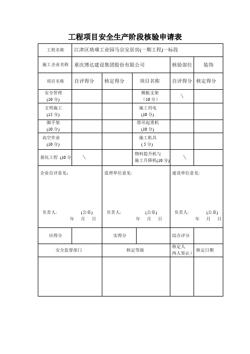 工程项目安全生产阶段核验申请表(