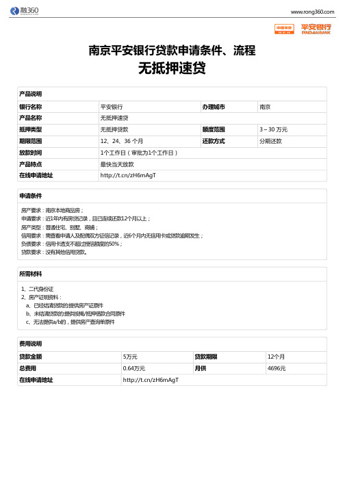 《无抵押速贷》南京平安银行-无抵押贷款-申请条件、材料、流程、利率