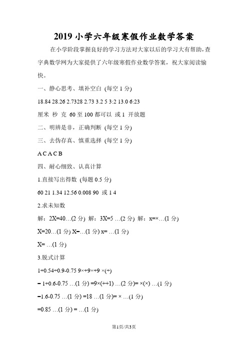 小学六年级寒假作业数学答案