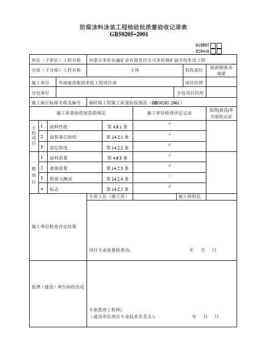 防腐涂料涂装工程检验批质量验收记录表