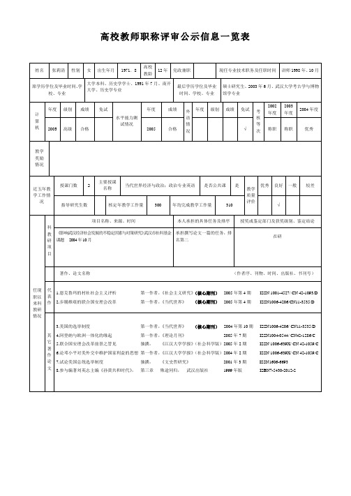 高校教师职称评审公示信息一览表