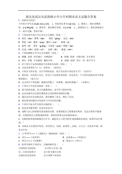 湖北省武汉市武珞路小学小升初期末语文试题含答案