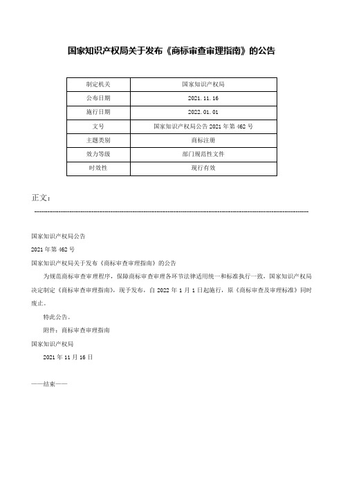 国家知识产权局关于发布《商标审查审理指南》的公告-国家知识产权局公告2021年第462号