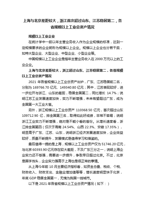 上海与北京差距较大，浙江首次超过山东、江苏稳居第二，各省规模以上工业总资产情况