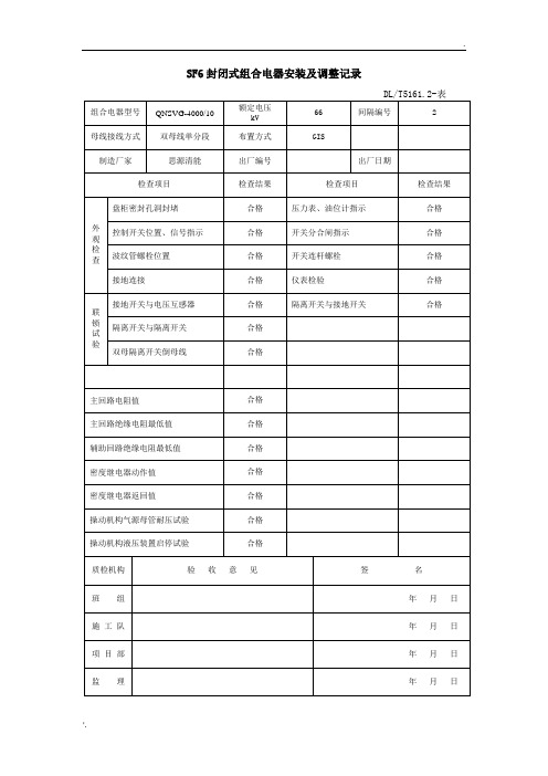 SF6封闭式组合电器安装调整记录及气体密封试验、湿度试验记录