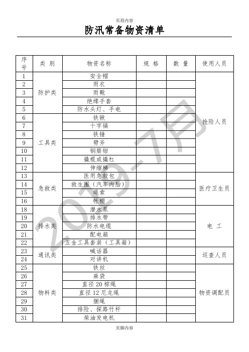 防汛常备物资清单