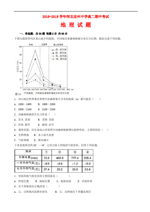 河北省定州中学2018-2019学年高二地理下学期期中试题(有答案)