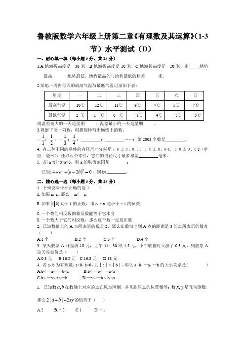 鲁教版数学六年级上册第二章《有理数及其运算》(1-3节)水平测试(D)