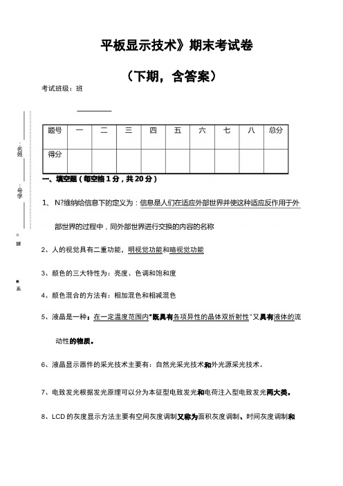 大学试卷《平板显示技术》期末考试卷含答案