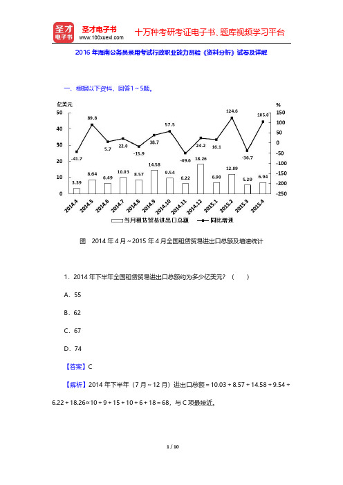 2016年海南公务员录用考试行政职业能力测验《资料分析》试卷及详解【圣才出品】