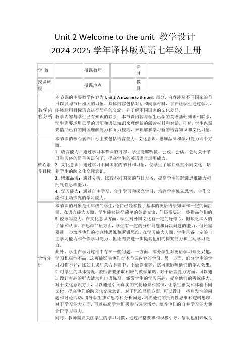 Unit2Welcometotheunit教学设计-2024-2025学年译林版英语七年级上册