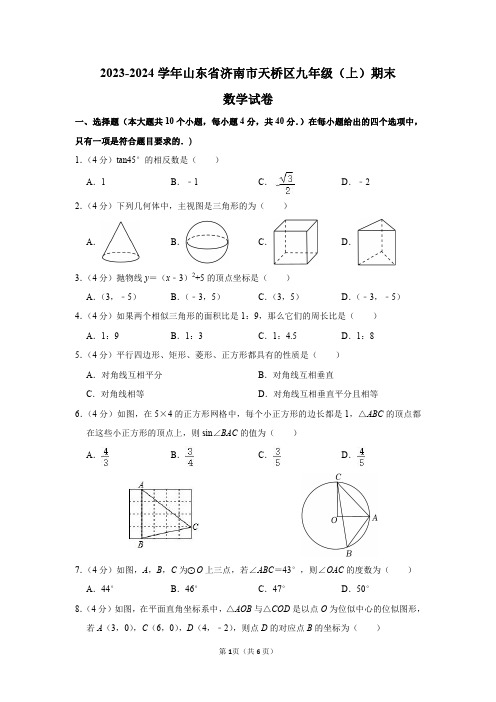 2023-2024学年山东省济南市天桥区九年级(上)期末数学试卷及答案解析