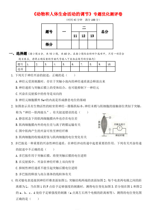 2020年人教版高考生物专题强化测试卷 《动物和人体生命活动的调节》(附答案解析)