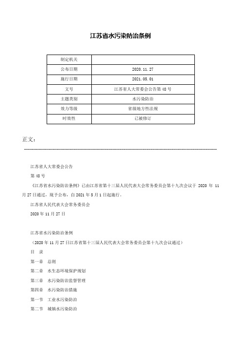 江苏省水污染防治条例-江苏省人大常委会公告第48号