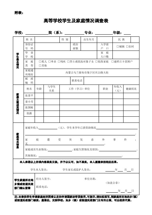 家庭经济困难学生调查表 空表