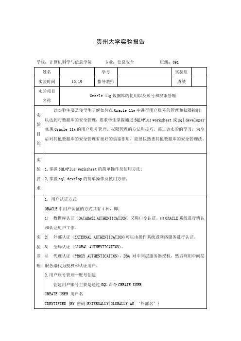 数据库安全实验一 Oracle 11g数据库的使用以及账号和权限管理