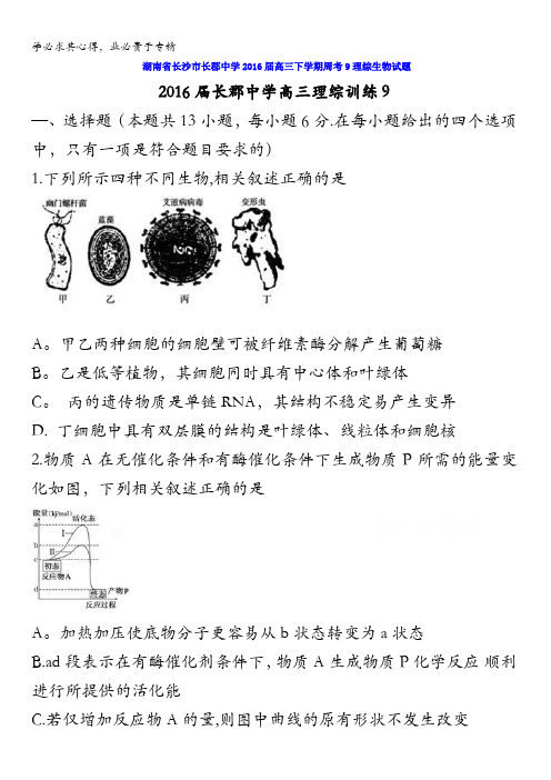 湖南省长沙市长郡中学2016届高三下学期周考9理综生物试题 含答案