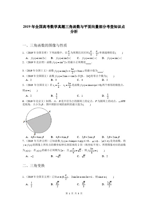 2019年高考数学三角函数与平面向量部分考查知识点分析