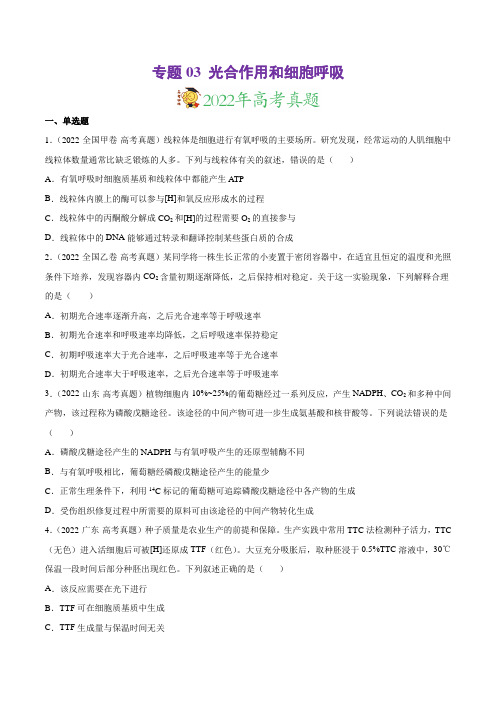 专题03 光合作用和细胞呼吸-三年(2020-2022)高考真题生物分项汇编(原卷版)