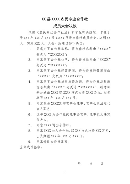 农民专业合作社成员大会决议(变更)范本