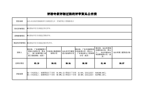 评标专家评标过程的评审意见公示表