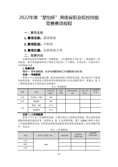 2022年度湖南省“楚怡杯”职业院校技能竞赛赛项规程20220310(蔬菜嫁接)